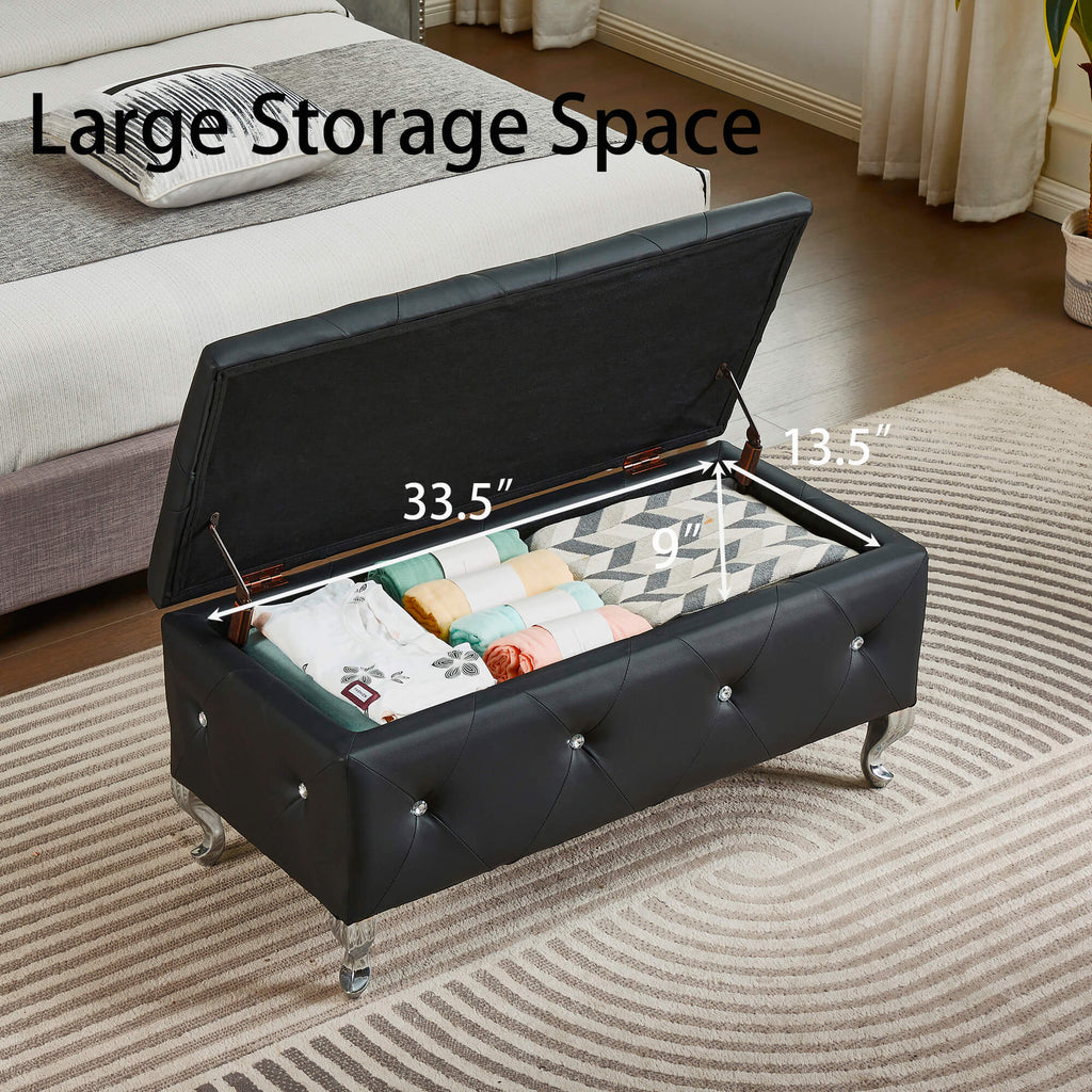 Upholstered Storage Ottoman Bench For Bedroom End Of Bed Faux Leather Rectangular Storage Benches Footrest With Crystal Buttons For Living Room Entryway (Black) - Grand Goldman Shop