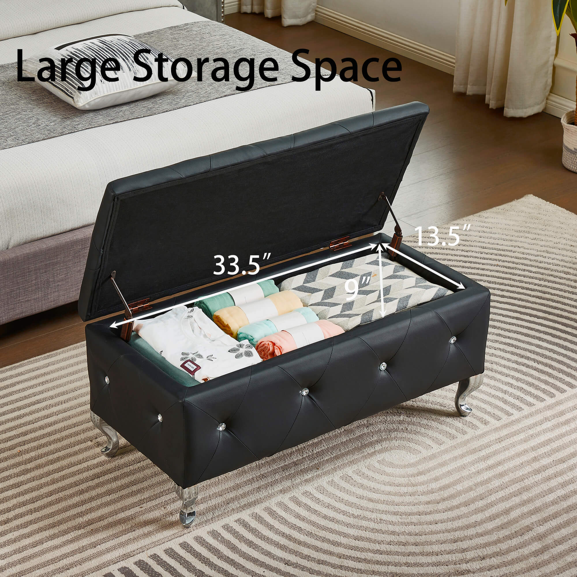 Upholstered Storage Ottoman Bench For Bedroom End Of Bed Faux Leather Rectangular Storage Benches Footrest With Crystal Buttons For Living Room Entryway (Black) - Grand Goldman Shop
