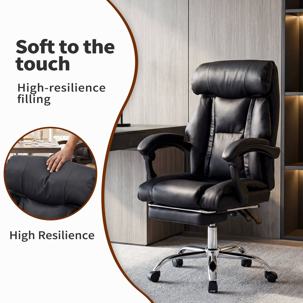 Executive Office Chair with Foot Rest, Adjustable Height High Back Reclining Gaming Chair in Black PU Leather with Metal & Wo