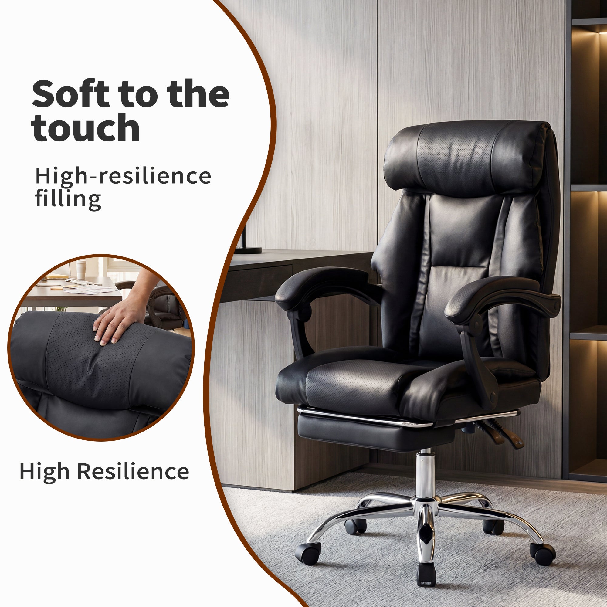 Executive Office Chair with Foot Rest, Adjustable Height High Back Reclining Gaming Chair in Black PU Leather with Metal & Wo