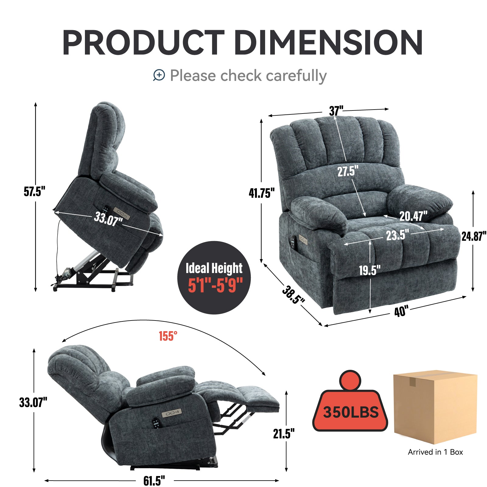23' Seat Width and High Back Large Size Blue Grey Chenille Power Lift Recliner Chair with 8-Point Vibration Massage and Lumbar Heating - Grand Goldman Shop
