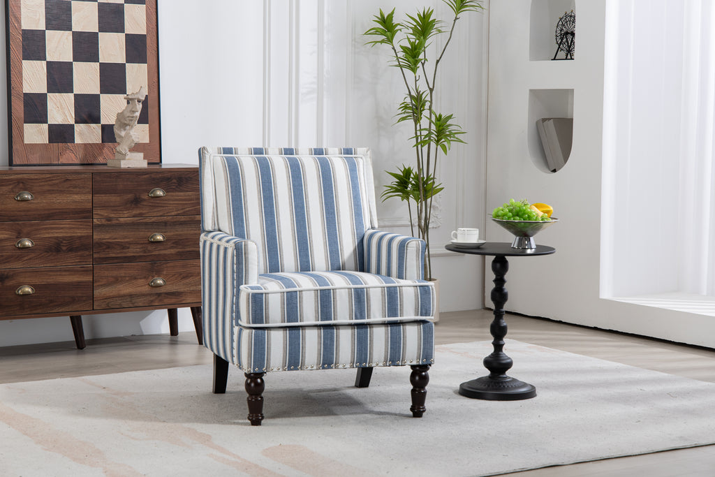 Upholstered Accent Chair, Vintage Armchair with Blue and White Striped Linen Fabric and Nailhead Trim for Living Room - Grand Goldman Shop