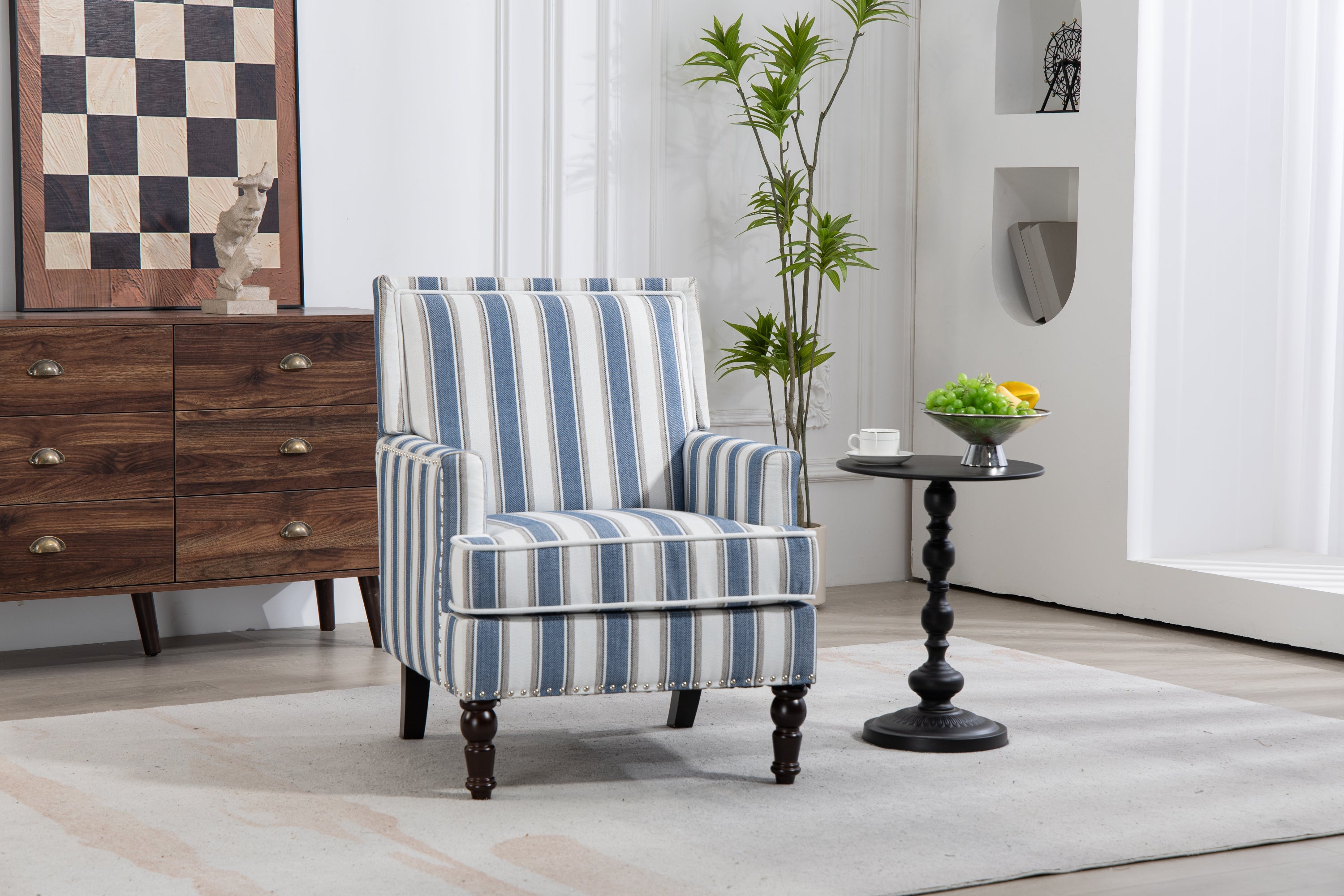 Upholstered Accent Chair, Vintage Armchair with Blue and White Striped Linen Fabric and Nailhead Trim for Living Room - Grand Goldman Shop