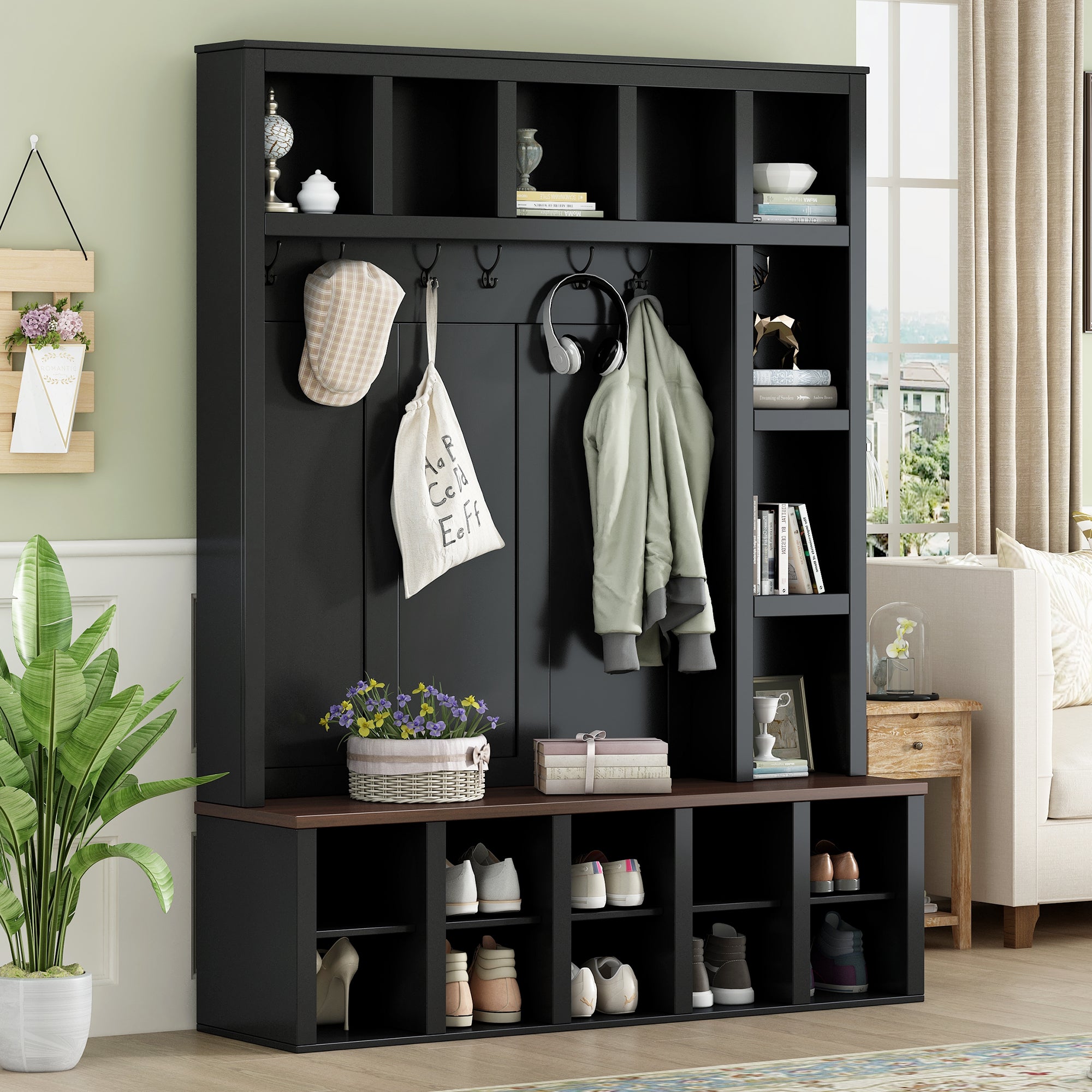 Farmhouse Wooden Hall Tree with 6 Hooks, Walnut Storage Bench with Adjustable Shelves,  4-in-1 Entryway Shoe Cabinet with Cubbies for Mudroom, Living Room, Black, 76.7'H (OLD SKU: N721S000044B) - Grand Goldman Shop
