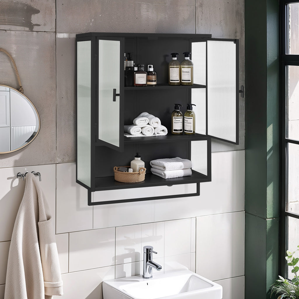 23.62'Glass Doors Modern Two-door Wall Cabinet with Featuring Two-tier Enclosed Storage, an Open Shelf, and Towel Rack, for Entryway Living Room Bathroom Dining Room,Black - Grand Goldman Shop