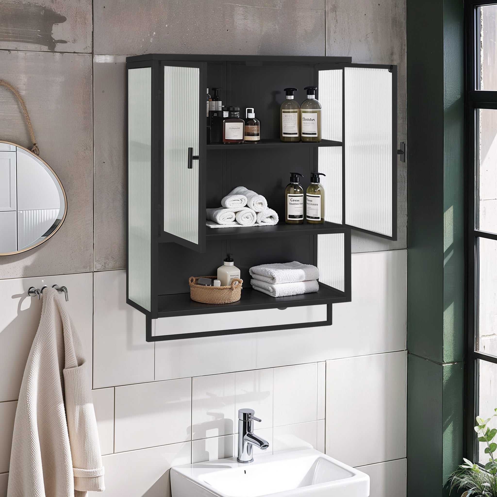 23.62'Glass Doors Modern Two-door Wall Cabinet with Featuring Two-tier Enclosed Storage, an Open Shelf, and Towel Rack, for Entryway Living Room Bathroom Dining Room,Black - Grand Goldman Shop