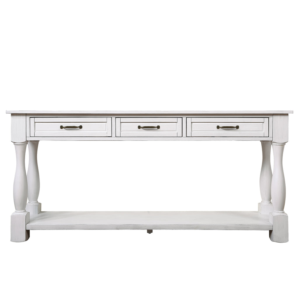 63inch Long Wood Console Table with 3 Drawers and 1 Bottom Shelf for Entryway Hallway Easy Assembly Extra-thick Sofa Table (Antique White) - Grand Goldman Shop