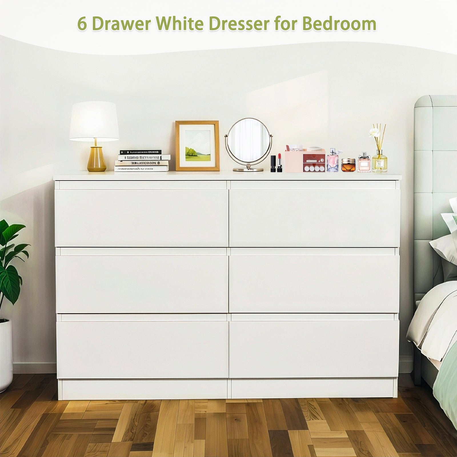 Modern 6 Drawer Dresser with Spacious Countertop and Concealed Handles, Storage Cabinet for Bedroom and Living Room, White MDF - Grand Goldman Shop