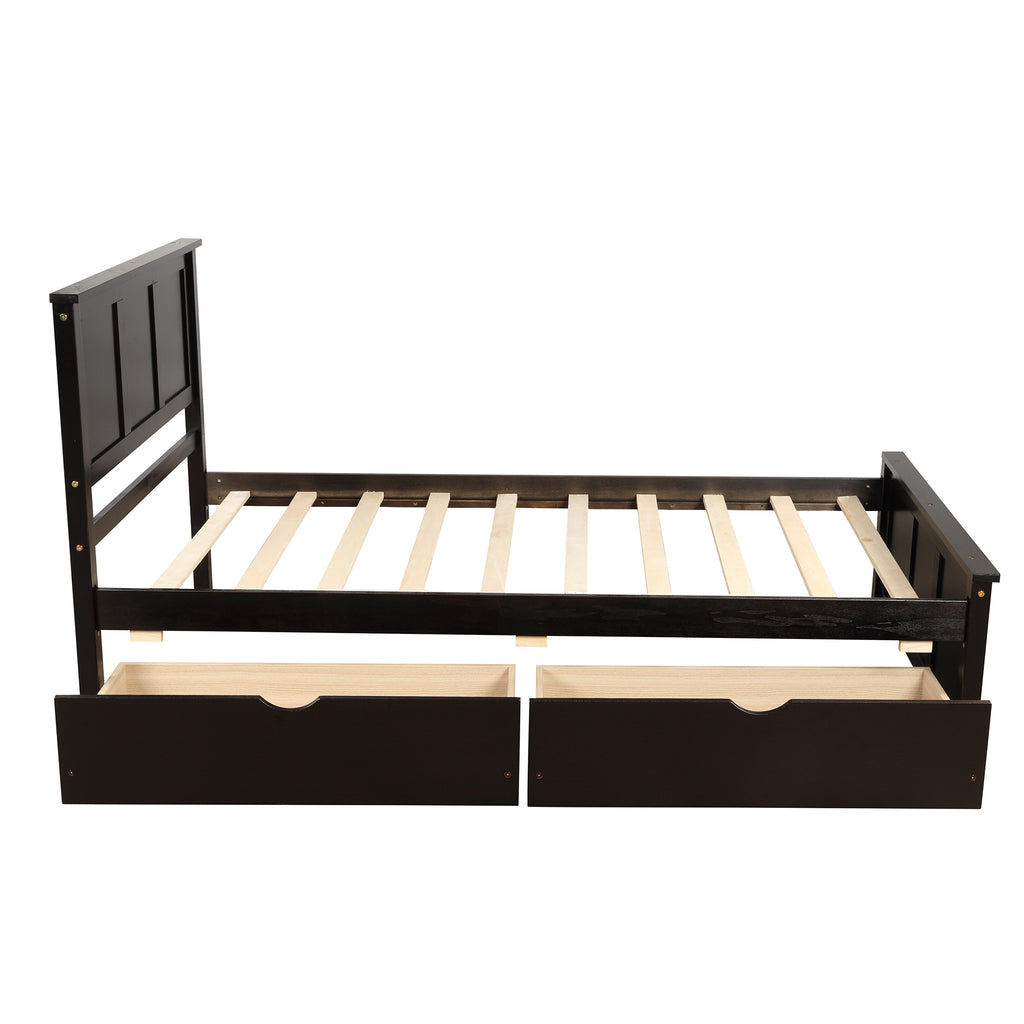 Espresso Platform Storage Bed with 2 Wheel-Base Drawers, Twin Size Frame, Pine Wood and MDF Construction - Grand Goldman Shop