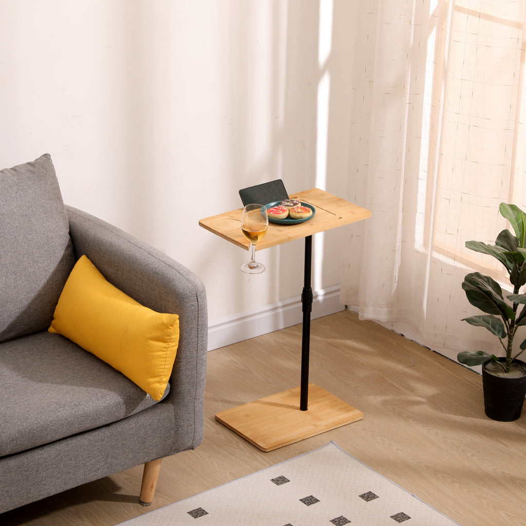 Bamboo Couch Tray Table Height Adjustable C-Shaped End Table with Slots 2 Tier Sofa Side Table for Living Room & Bedroom (Rectangle + Rectangle) - Grand Goldman Shop
