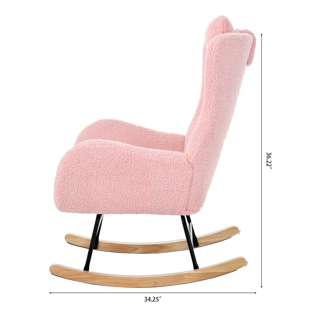 Rocking Chair Nursery, Teddy Upholstered Rocker Glider Chair with High Backrest, Adjustable Headrest & Pocket, Comfy Glider Chair for Nursery, Bedroom, Living Room, Offices, Rubber wood, pink - Grand Goldman Shop