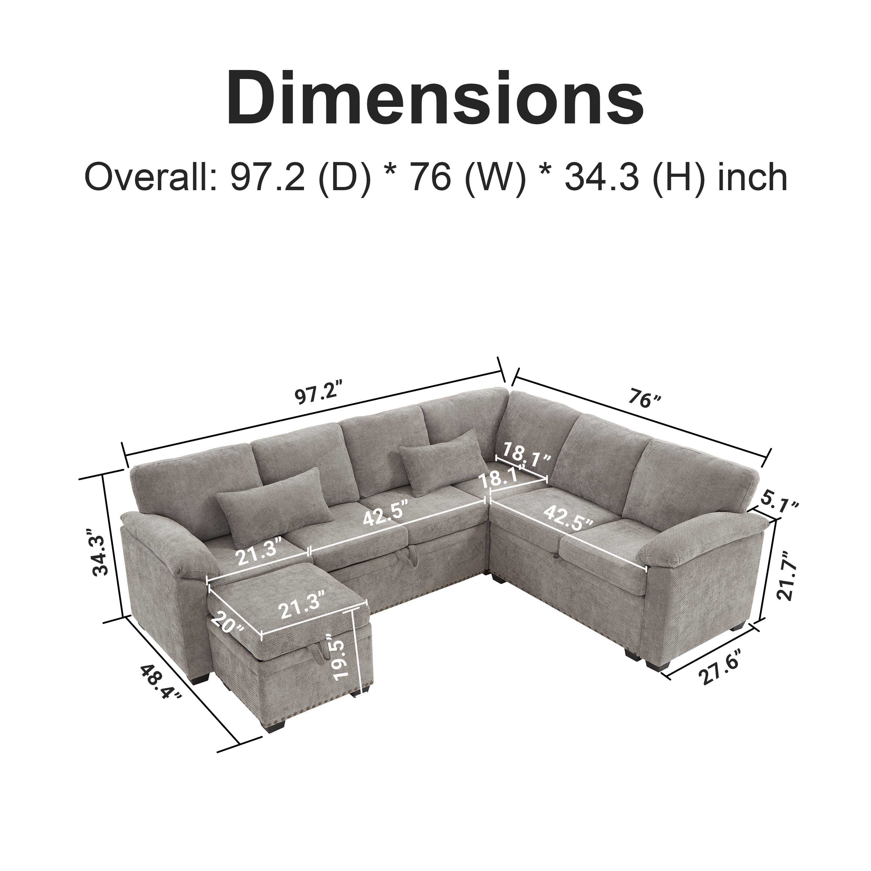 97 Inch L-Shaped Corner Sectional Sofa Couch with Storage Ottoman,Chenille Fabric Couch with 7 Seats & 2 Pillows for Living Room, Modern, Small Space, Easy Assembly,Grey - Grand Goldman Shop