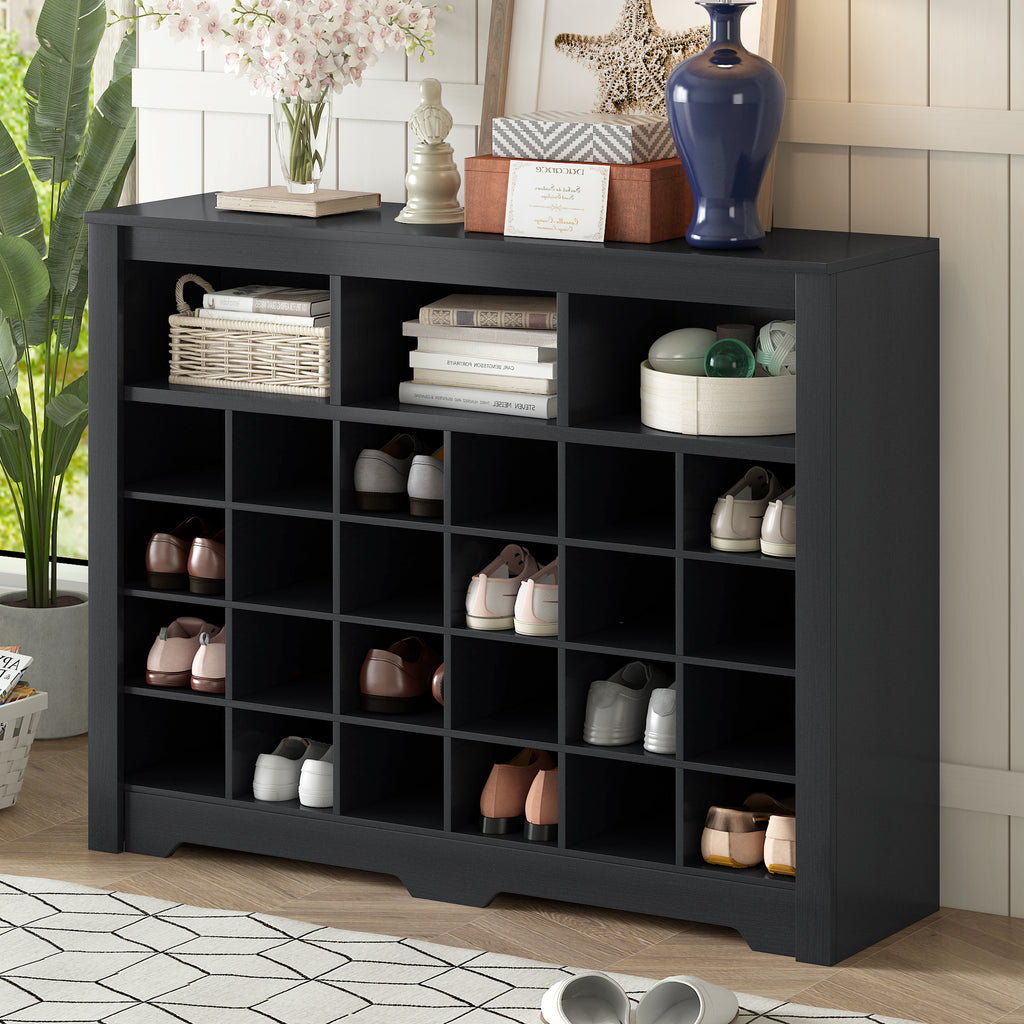 ON-TREND Sleek Design 24 Shoe Cubby Console, Modern Shoe Cabinet with Curved Base, Versatile Sideboard with High-quality for Hallway, Bedroom, Living Room, Black - Grand Goldman Shop