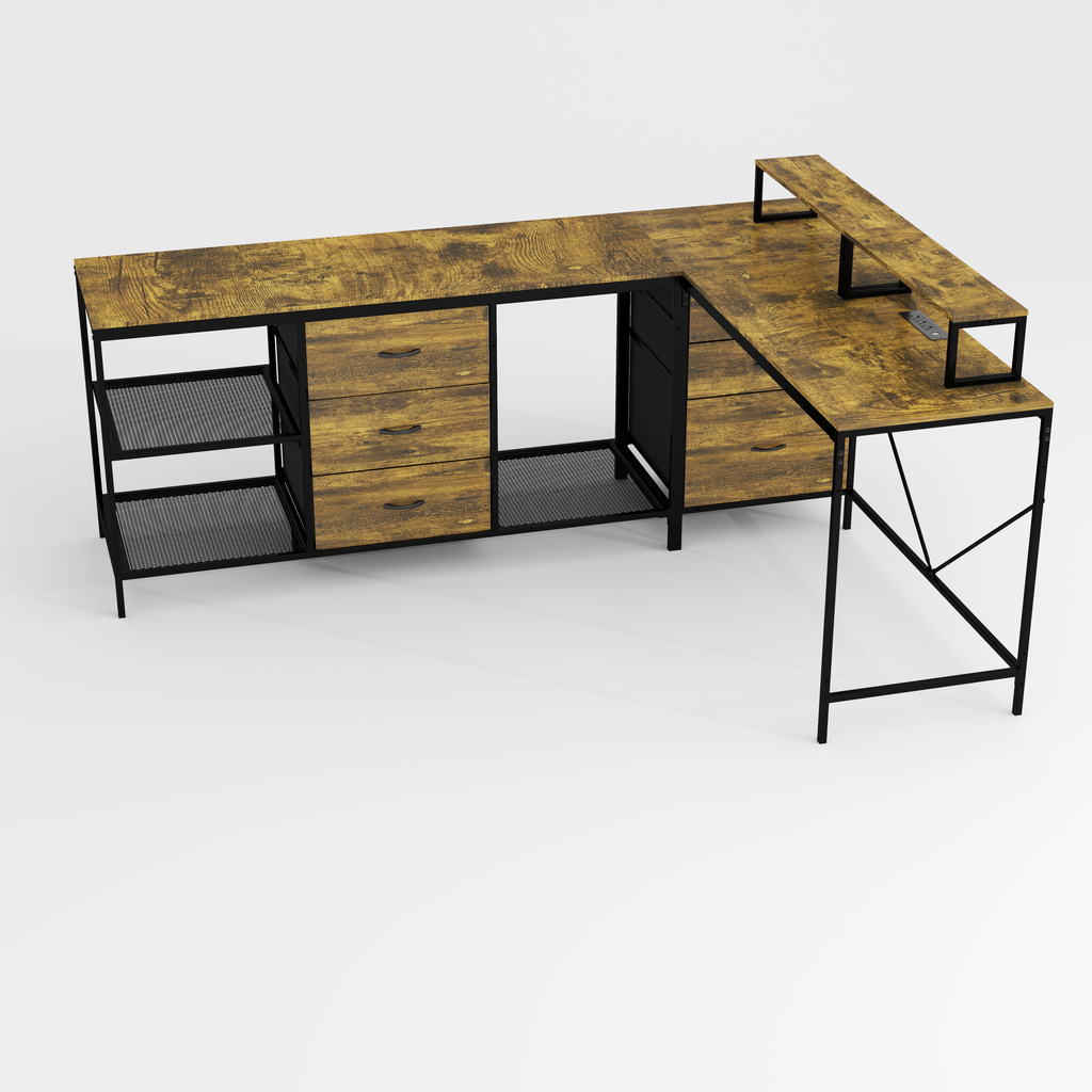 Industrial L-Shaped Computer Desk with Power Outlets & USB-C, Rustic Brown Metal Frame, 6 Fabric Drawers, 3 Open Shelves, Mov