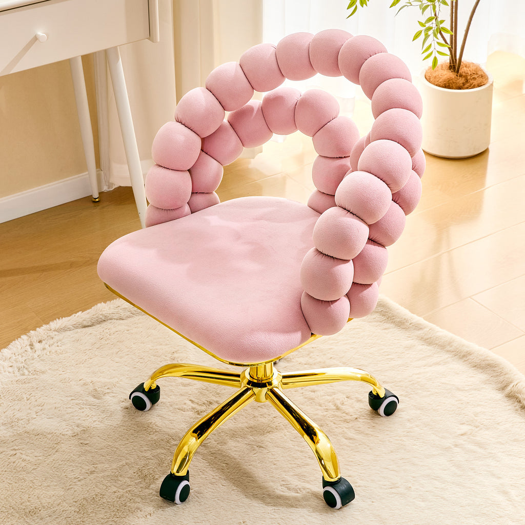 Pink Velvet Bubble Vanity Chair with Gold Base, 360° Swivel Height Adjustable Ergonomic Accent Chair, Cute Rolling Desk Chair