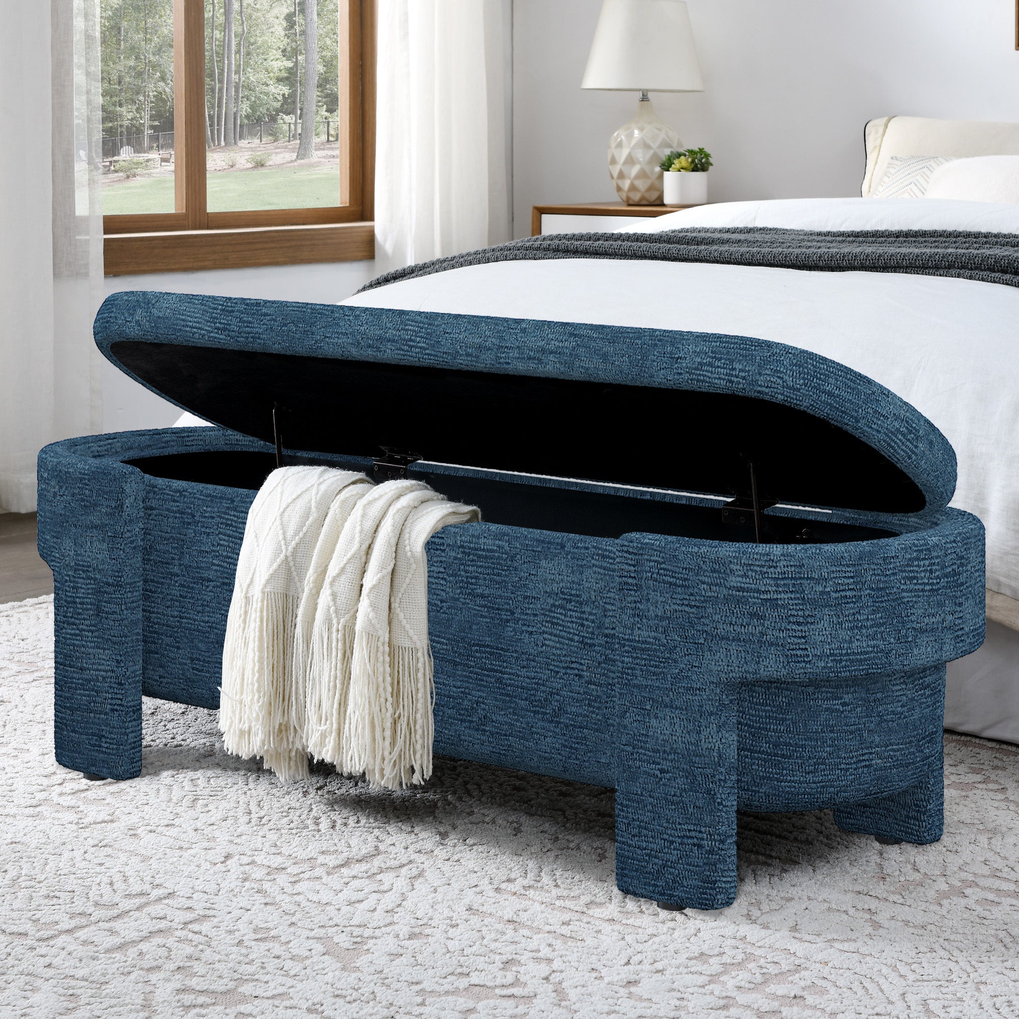 Linen Fabric Upholstered Bench with Large Storage Space for the Living Room, Entryway and Bedroom,dark blue( 51.5''x20.5''x17'' ) - Grand Goldman Shop