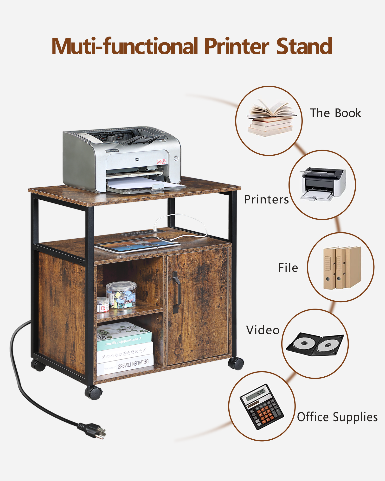 File Cabinet,Office Filing Cabinets with Socket and USB Charging Port,Printer Stand with Storage for A4, Letter Size,Metal Si