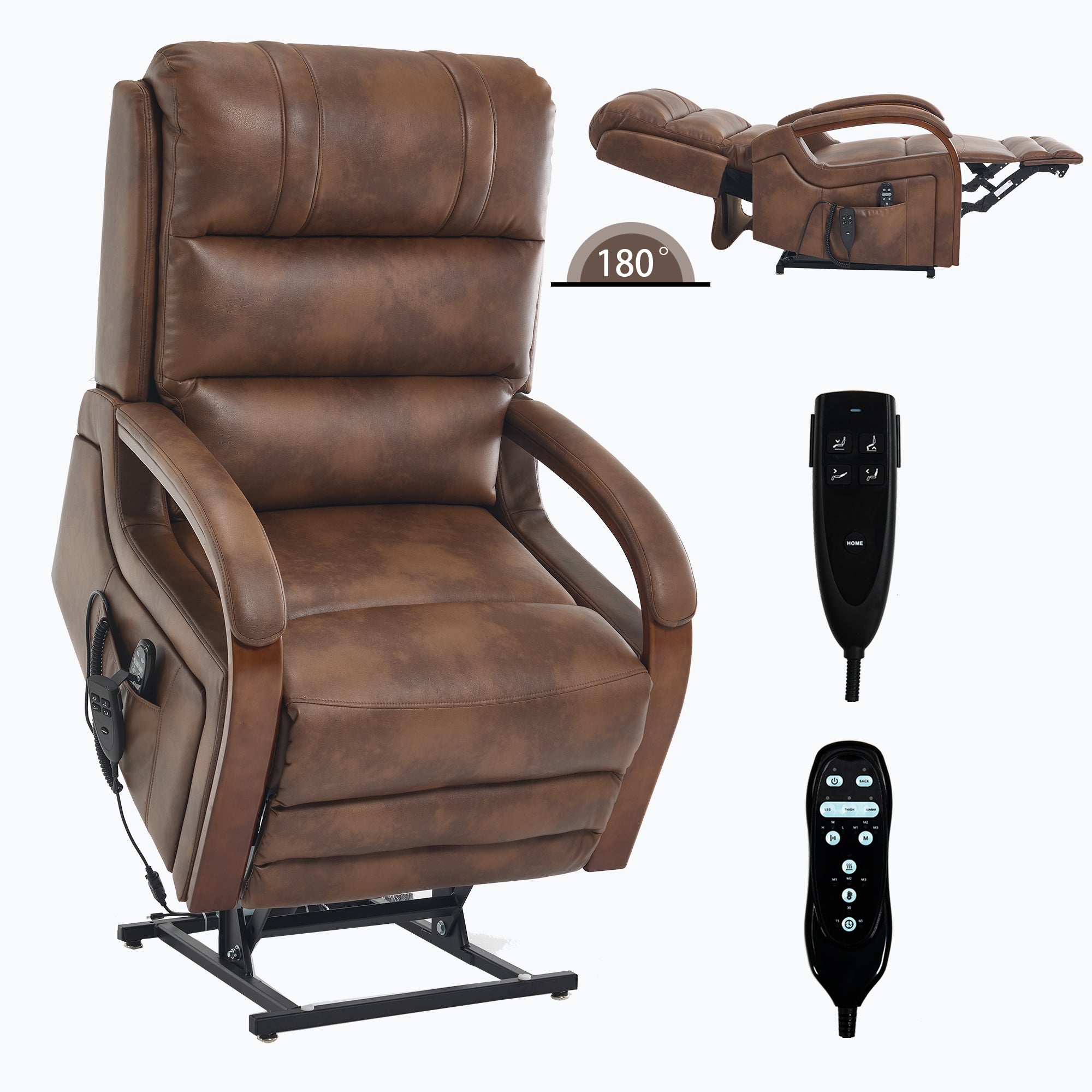 Power Brown Leatheraire Lift Recliner Chair Dual Motor Infinite Position Up to 350 LBS with Solid Wood Armrests, Heat Massage and Heavy Duty Motion Mechanism - Grand Goldman Shop