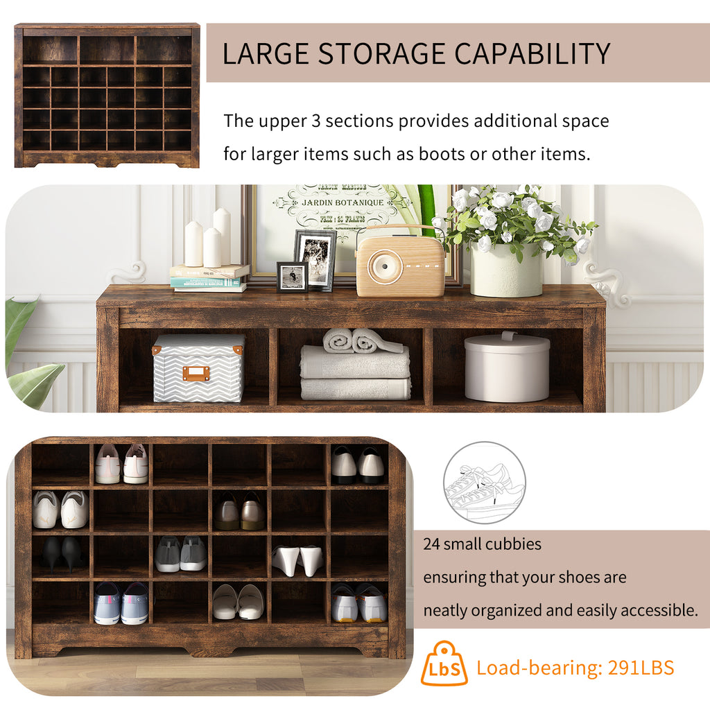 ON-TREND Sleek Design 24 Shoe Cubby Console, Modern Shoe Cabinet with Curved Base, Versatile Sideboard with High-quality for Hallway, Bedroom, Living Room, Rustic Brown - Grand Goldman Shop