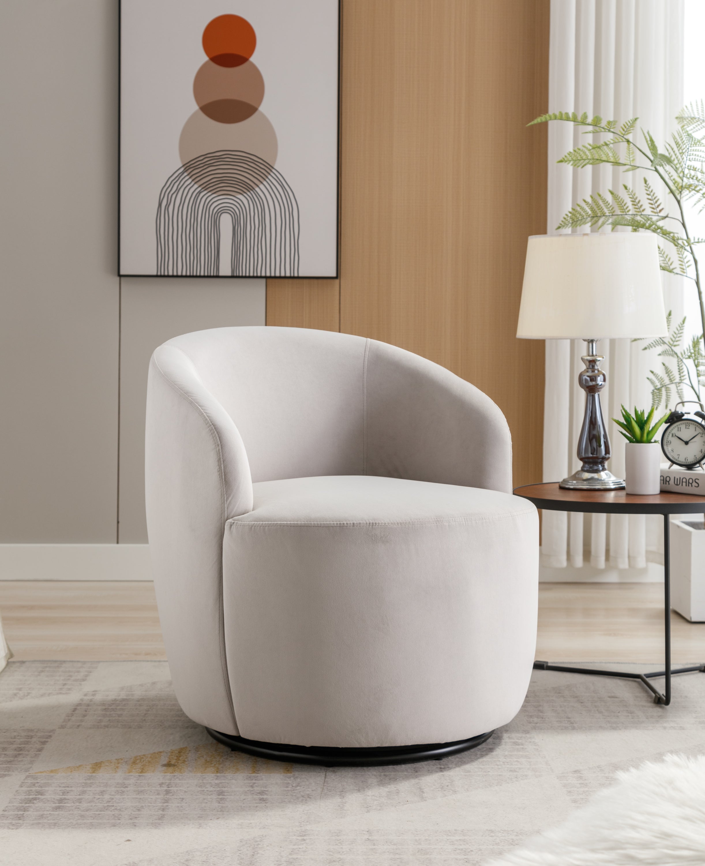 Velvet Fabric Swivel Accent Armchair Barrel Chair With Black Powder Coating Metal Ring,Gray - Grand Goldman Shop