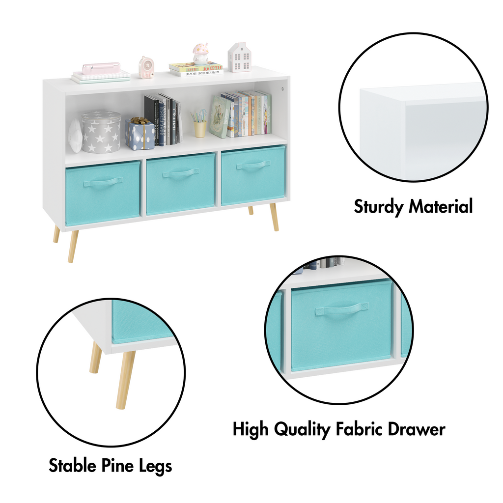 Kids bookcase with Collapsible Fabric Drawers, Children's Book Display, Toy Storage Cabinet Organizer, White/Blue - Grand Gol