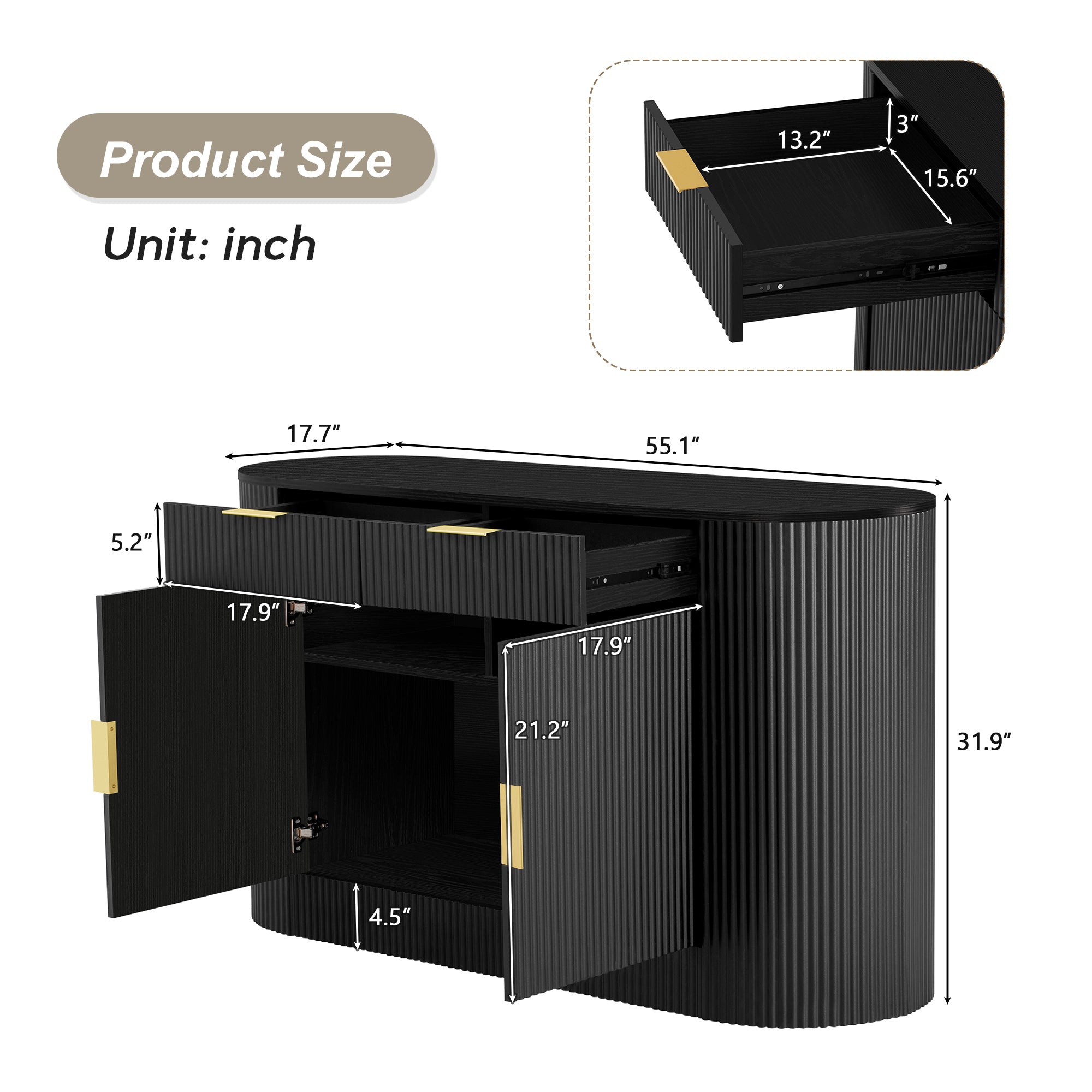 U_STYLE 55.1' Modern Storage Cabinet – 2 Doors & 2 Drawers, Stripe MDF Sideboard with Aluminum Handles, Curved Side Door & 3-Tier Shelves, Buffet Cabinet for Living Room, Bedroom, Dining Room - Grand Goldman Shop