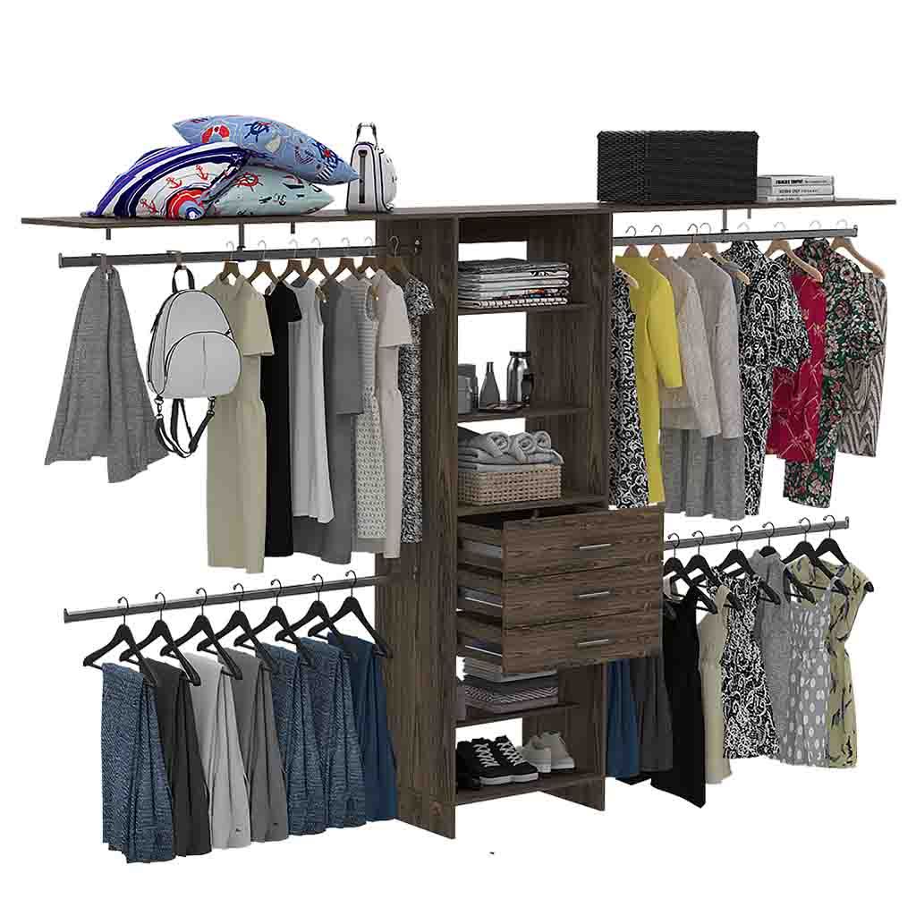 Plego 69'W - 118'W Drawers Closet System, Five Shelves, Four Hanging Rods, Three Drawers -Dark Walnut - Grand Goldman Shop