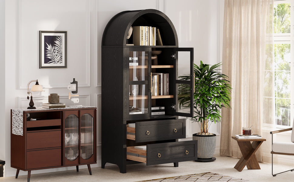 K&K 71' Tall Arched Kitchen Pantry Cabinet with 2 Large Drawers, Modern Farmhouse Kitchen Storage Cabinets with Adjustable Shelves, Glass Door, Wood Versatile Cupboard for Kitchens, Dining Room, Black - Grand Goldman Shop