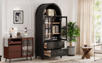 K&K 71' Tall Arched Kitchen Pantry Cabinet with 2 Large Drawers, Modern Farmhouse Kitchen Storage Cabinets with Adjustable Shelves, Glass Door, Wood Versatile Cupboard for Kitchens, Dining Room, Black - Grand Goldman Shop