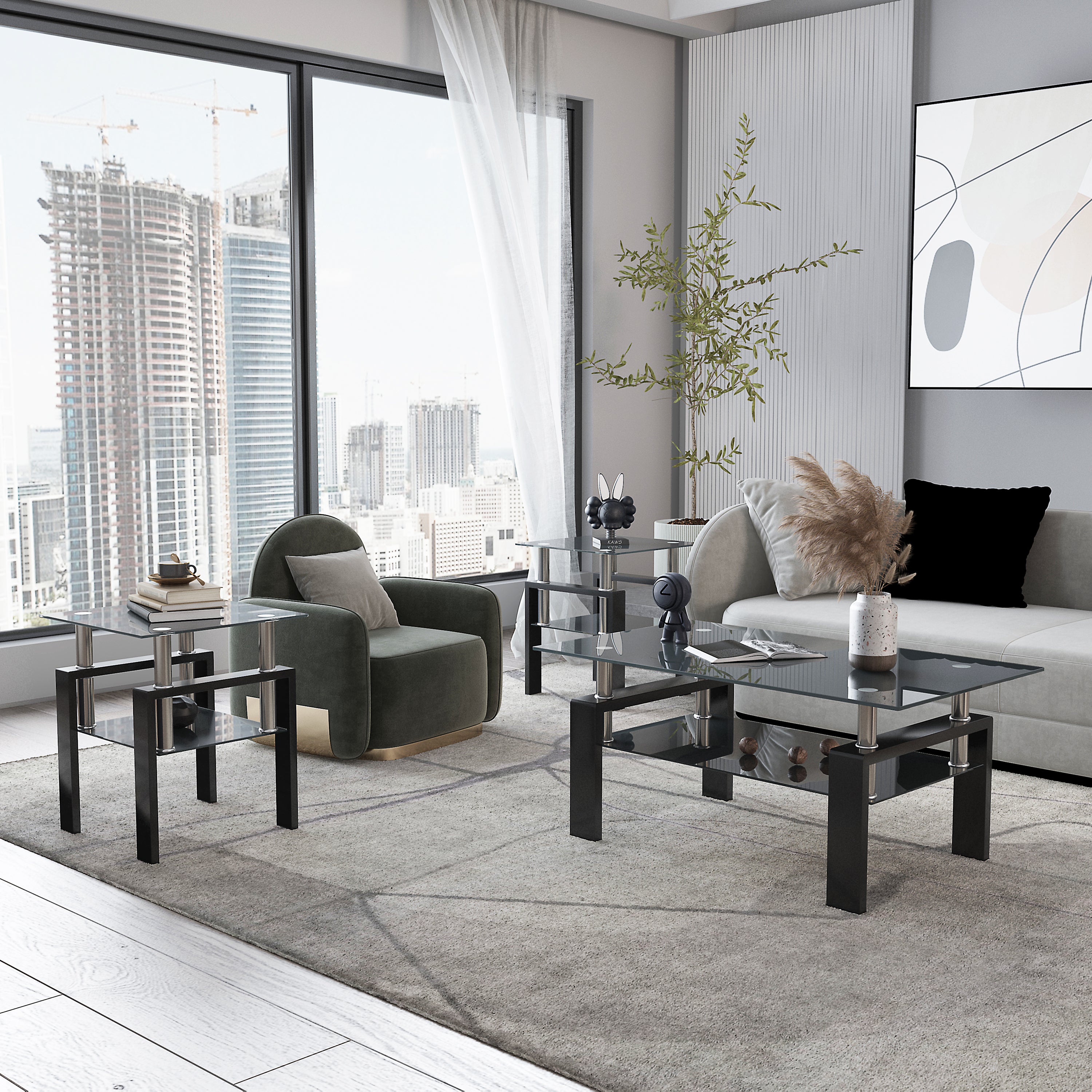 Modern Tempered Glass Tea Table Coffee Table End Table Set in Black with Metal Legs, 17.72 x 17.72 x 20.5 Inches - Grand Goldman Shop