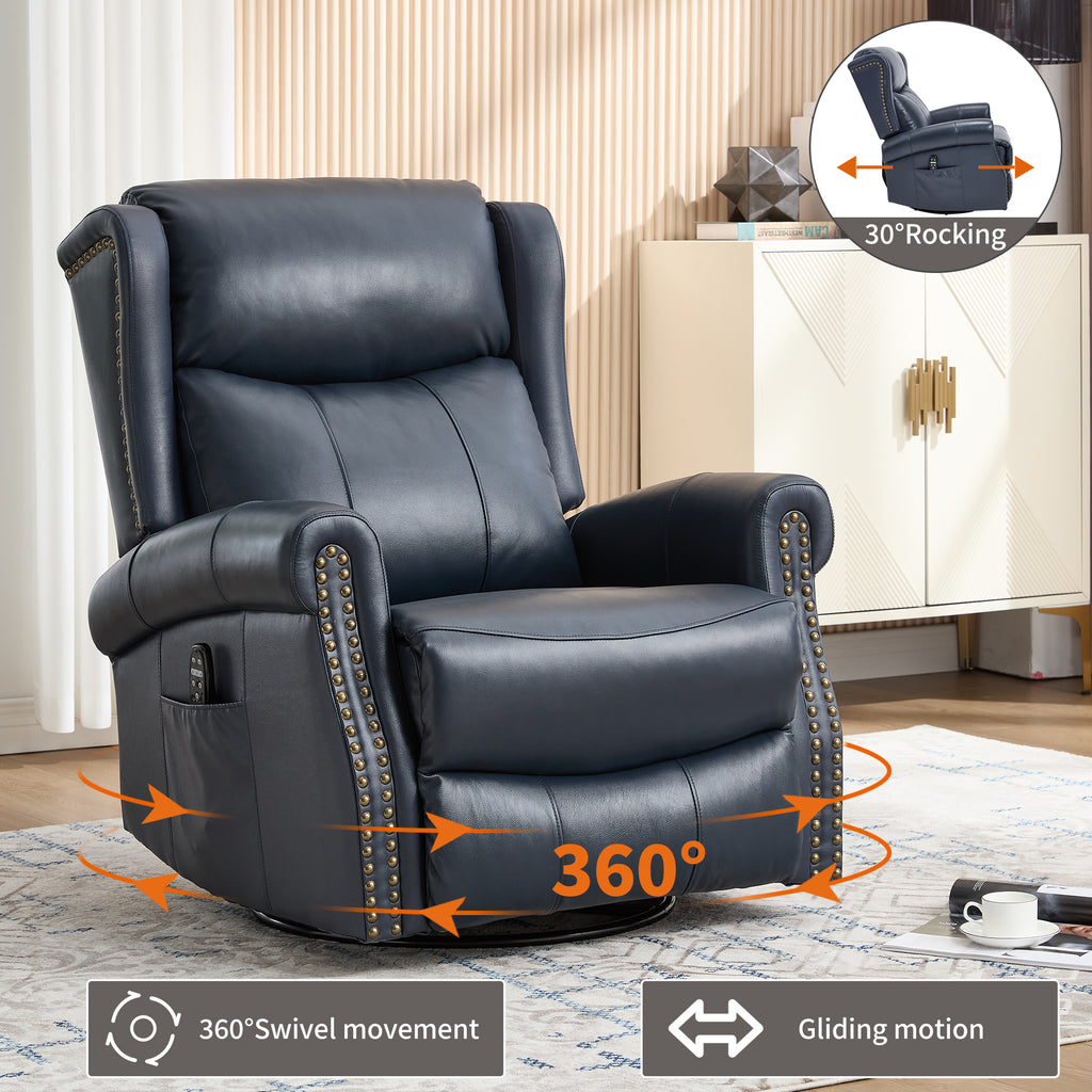 Heat Massage Manual Recliner Chair with Rocker and Swivel in Genuine leather for Living Room, Blue - Grand Goldman Shop
