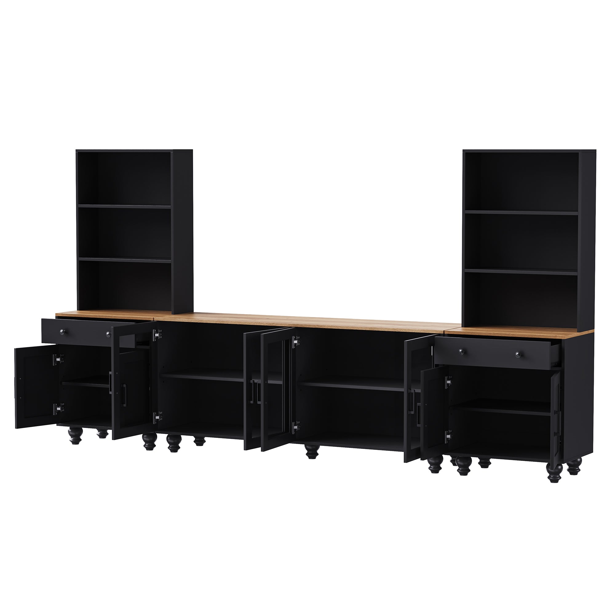 Farmhouse TV Stand with Solid Wood Gourd-Shaped Legs for TVs Up to 70', Entertainment Center with Bookshelves & Tempered Glass Doors, Media Console with Adjustable Shelves, Living Room, Black - Grand Goldman Shop