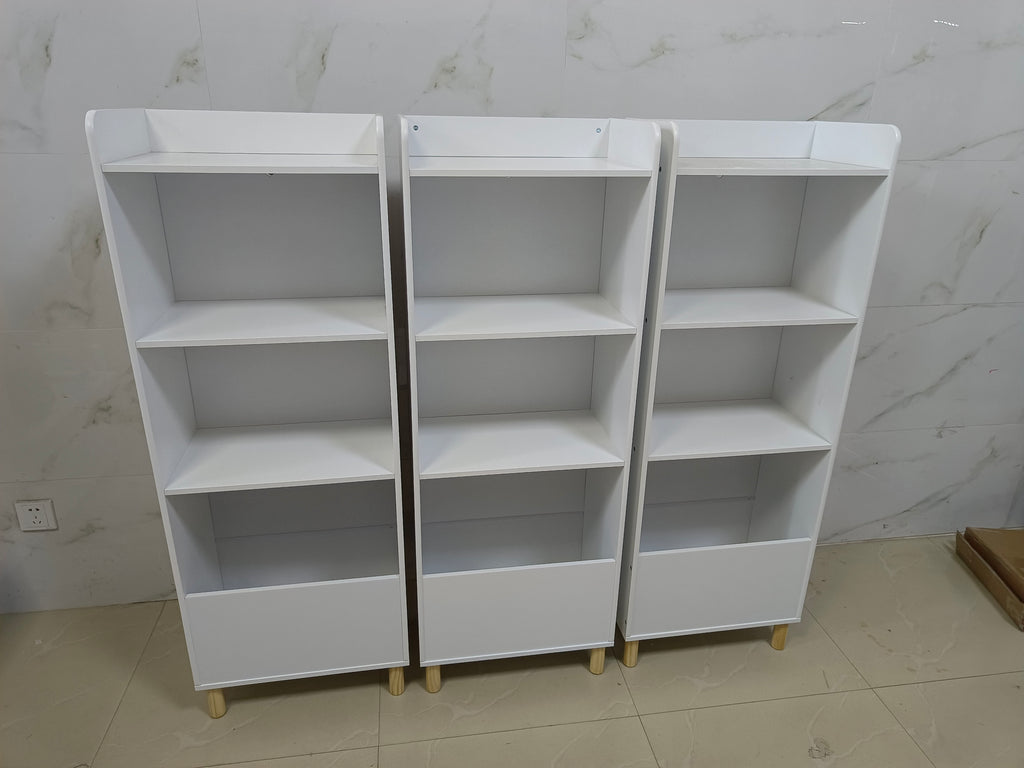 Kids 4-Tier Bookcase, Children's Book Display with Safety Restraint, White MDF & Pine Wood Storage Cabinet for Nursery, Playr