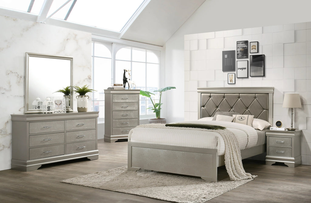 1pc Modern Glam Style Two Drawers Nightstand Champagne Finish Solid Wood Crystal-Like Diamond Tufted Crocodile Texture Bedroom Furniture - Grand Goldman Shop