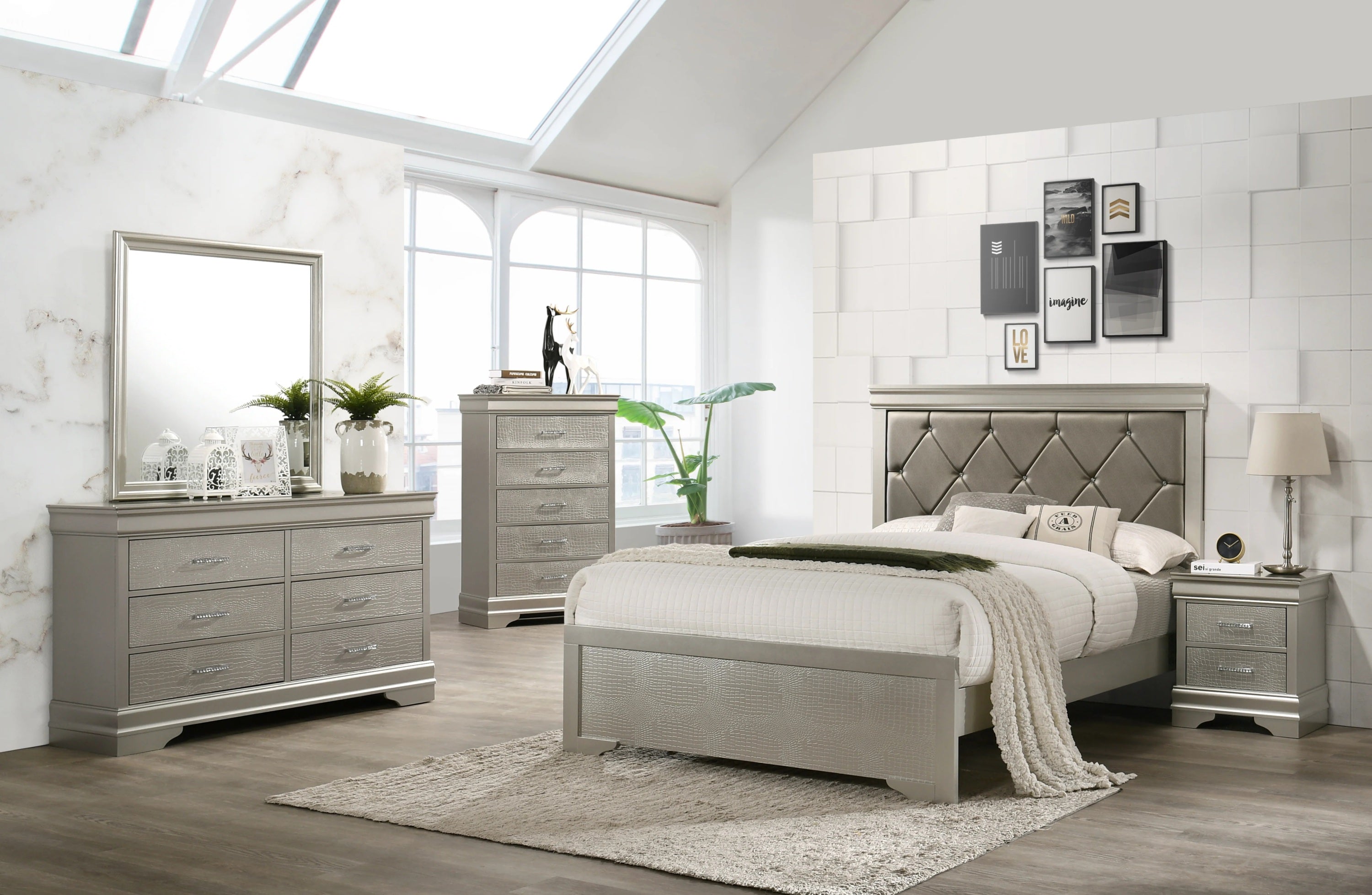 1pc Modern Glam Style Two Drawers Nightstand Champagne Finish Solid Wood Crystal-Like Diamond Tufted Crocodile Texture Bedroom Furniture - Grand Goldman Shop