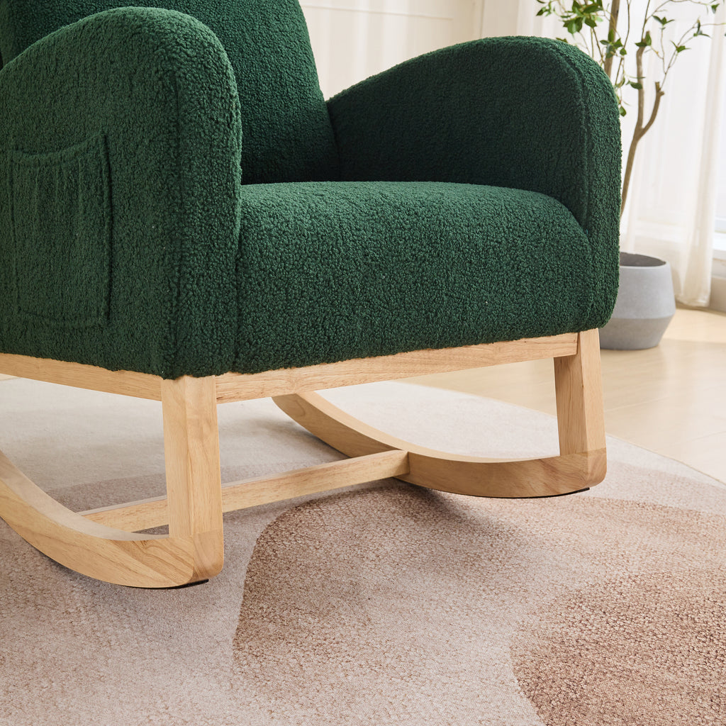 27.2'W Rocking Chair for Nursery, Sherpa Glider Chair with High Back and Side Pocket, Rocking Accent Armchair with Rubber Wood Legs for Living Room/Bedroom.Green - Grand Goldman Shop