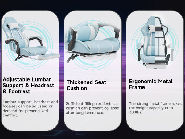 Gaming chair, Computer Chair Ergonomic Chair with Footrest Office Chair Ergonomic Computer Chair with Lumbar Backrest Bluewhi