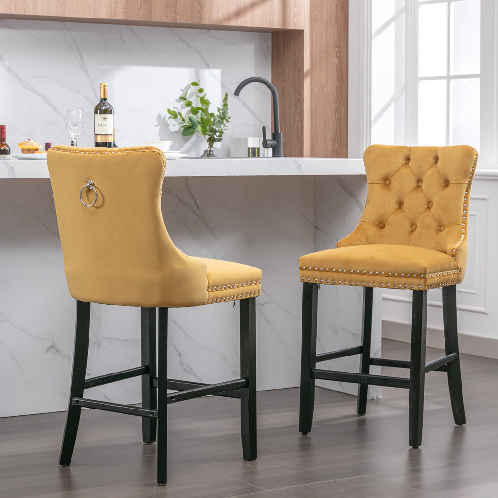 Contemporary Velvet Upholstered Barstools with Button Tufted Decoration and Wooden Legs, and Chrome Nailhead Trim, Leisure Style Bar Chairs,Bar stools, Set of 2 (Golden),SW2002GL - Grand Goldman Shop