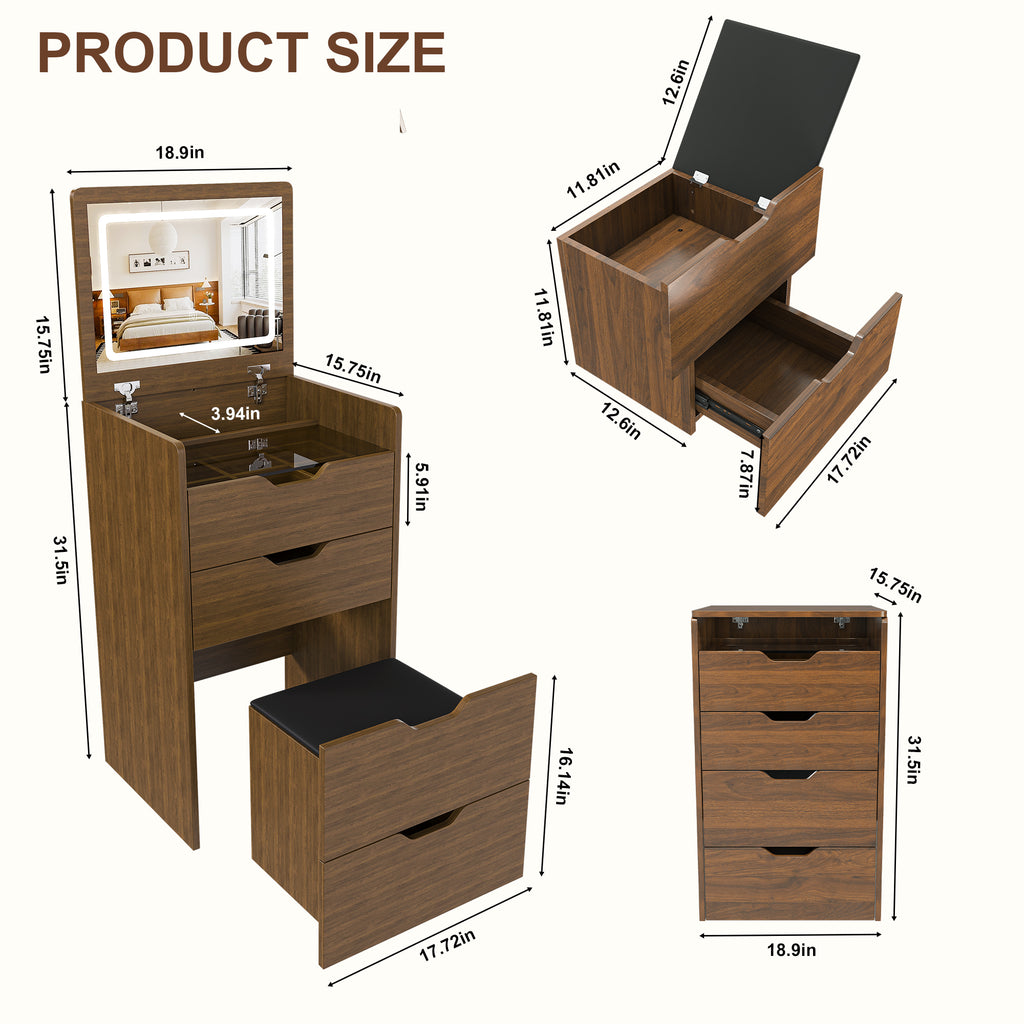3-in-1 Vanity Desk with Lighted Mirror & Stool, Flip Top Makeup Dressing Table in Walnut Finish, Compact Storage for Bedroom or Bathroom - Grand Goldman Shop