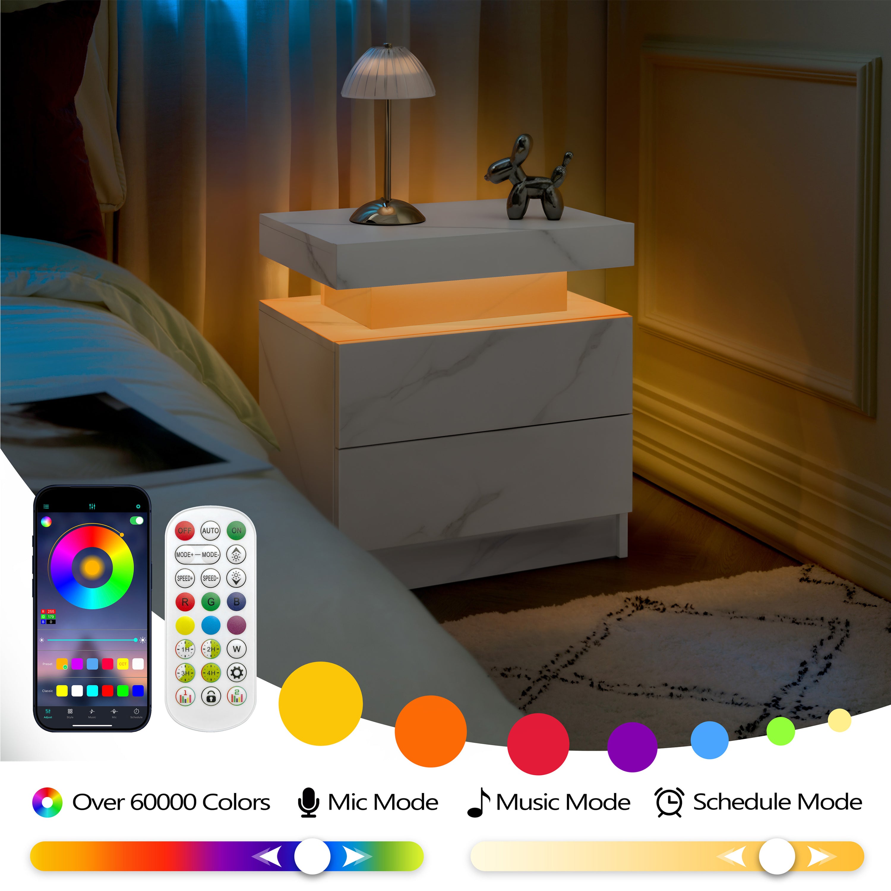 Nightstand LED Bedside Table Cabinet Lights Modern End Side with 2 Drawers for Bedroom (White Stone) - Grand Goldman Shop