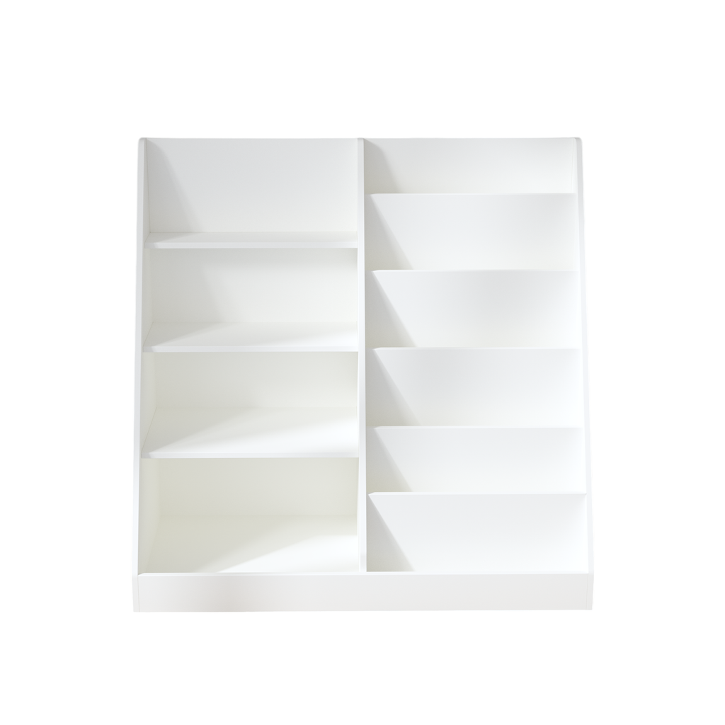 Kids Bookshelf and Toy Storage Organizer, Multifunctional 4-Tier White Wooden Bookcase with Toy Bin for Nursery, Playroom, or