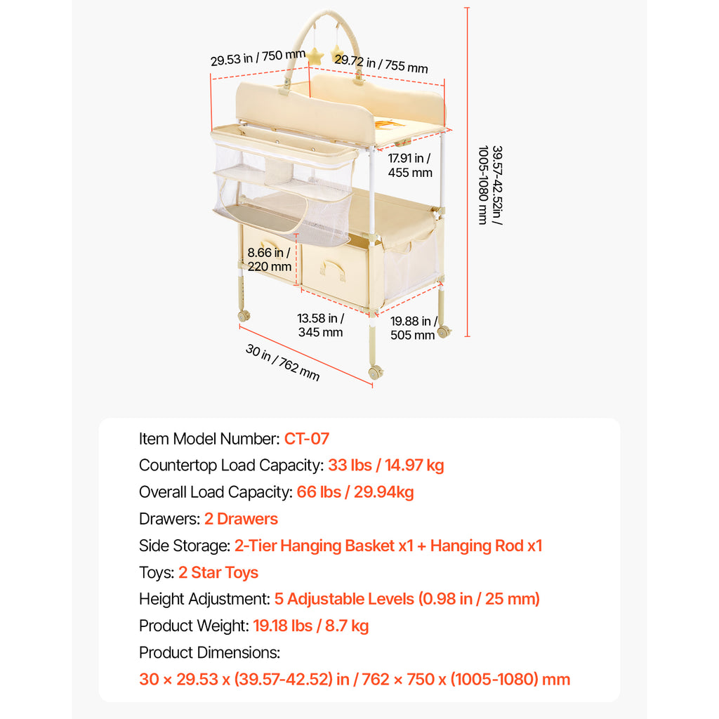 Baby Changing Table, Foldable Diaper Change Station with 2 Fabric Drawers, Side Basket & Hanging Rod, Adjustable Height Porta