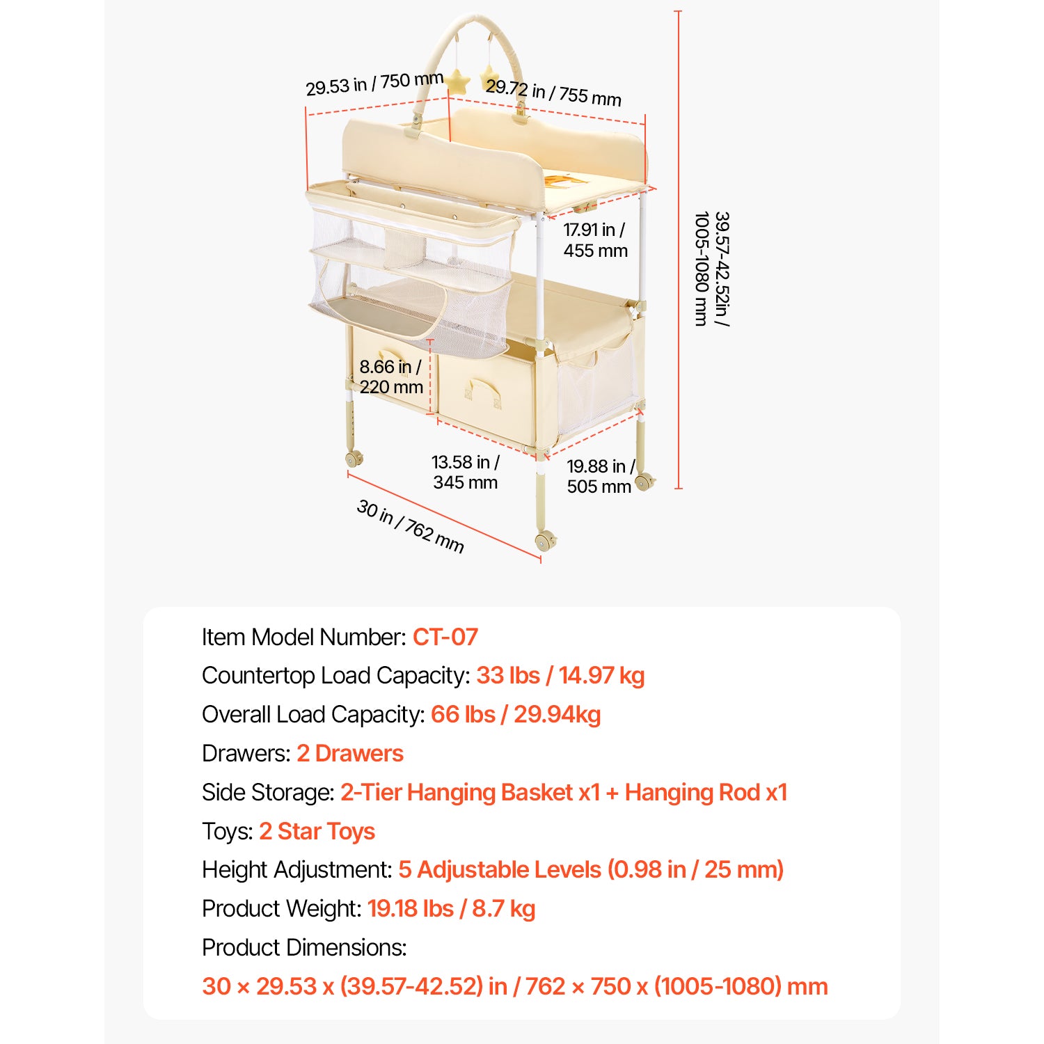Baby Changing Table, Foldable Diaper Change Station with 2 Fabric Drawers, Side Basket & Hanging Rod, Adjustable Height Porta