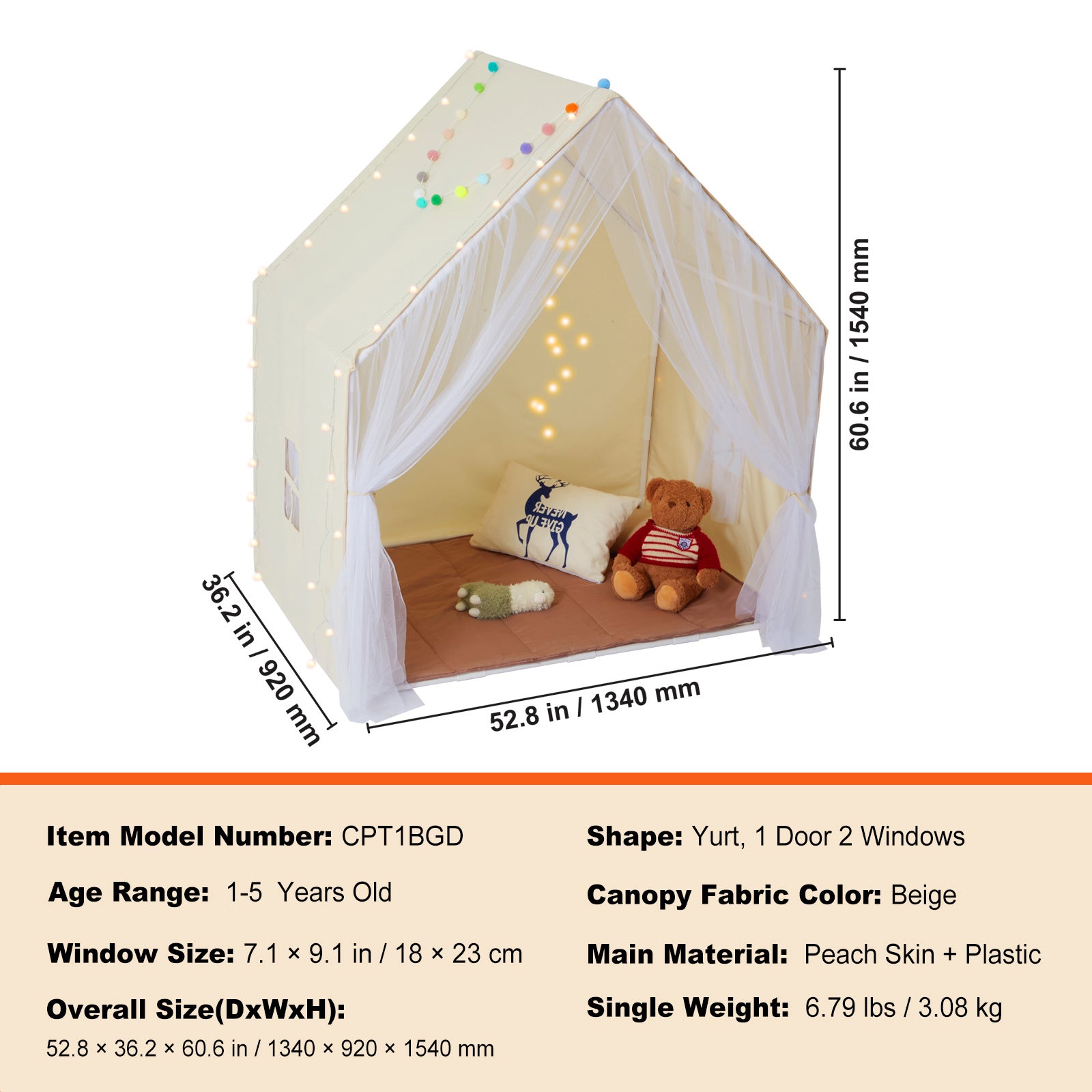 Kids Play Tent, Kids Tent for Kids 1-5 Years Old, Toddler Tent with Mat and Tent Lamp, Tent for Kids with Windows for Indoor 