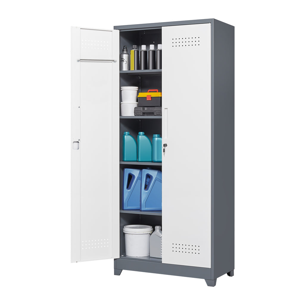Gray Metal Lockers with Locking Doors, Adjustable Shelves, High Broom Tool Storage Cabinet, 72-Inch Kitchen, Office, Shop Org