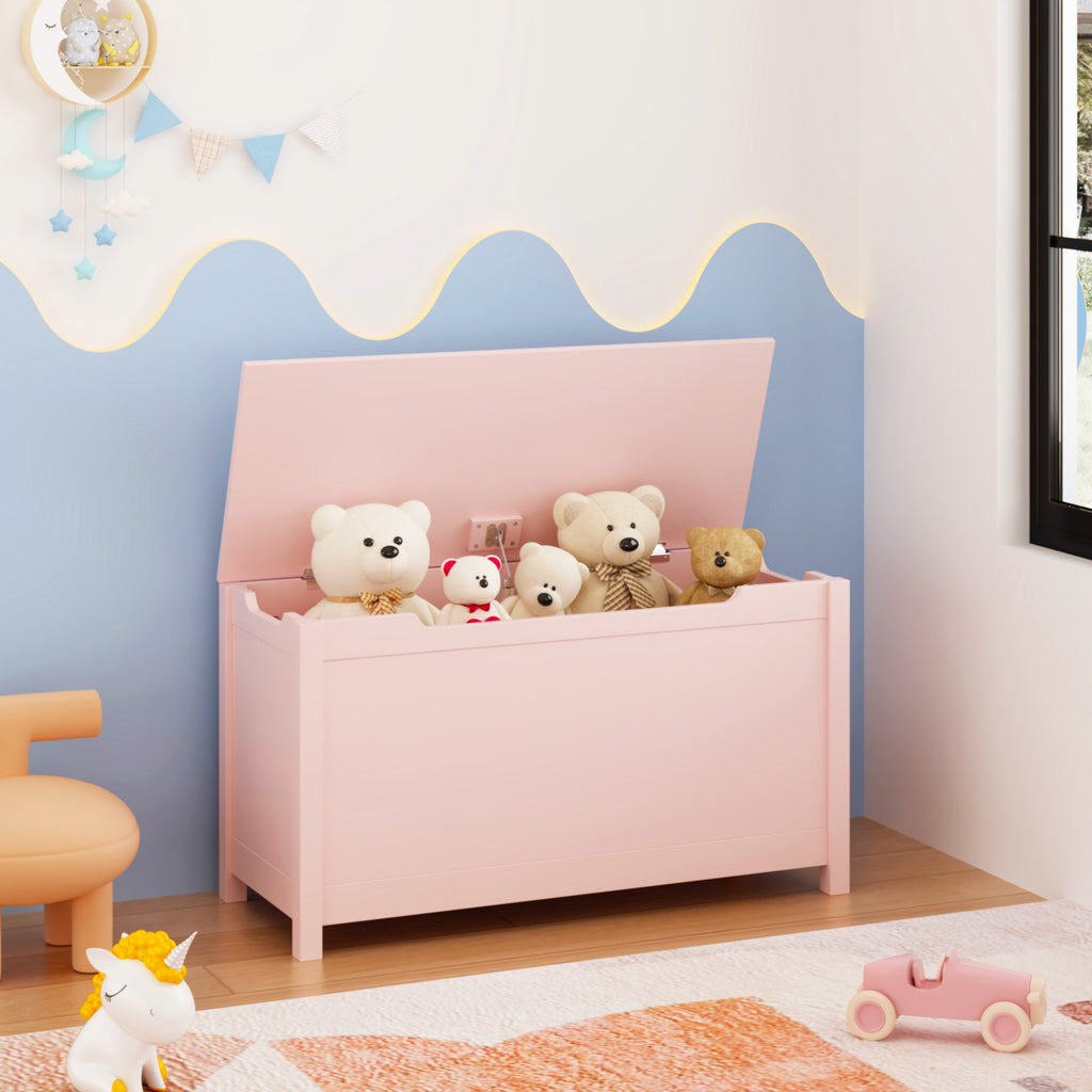 Kids Wooden Toy Box Storage with Safety Hinged Lid for Ages 2+ (Pink) - Grand Goldman