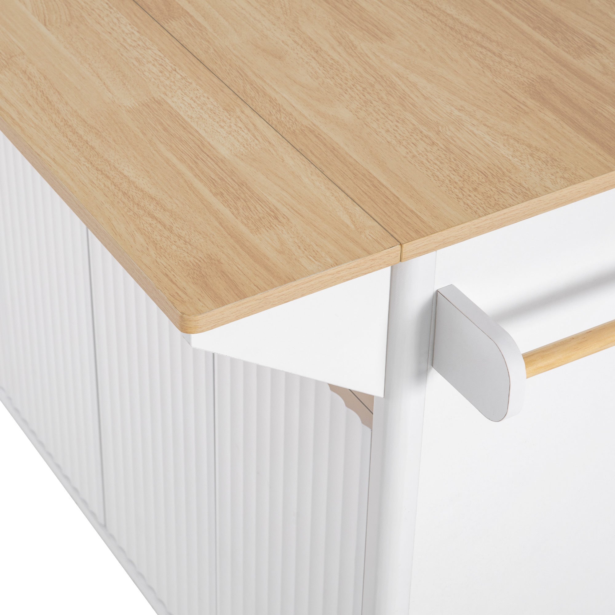 K&K 55.5' Fluted Kitchen Island with 2 Drop Leaf, Kitchen Storage Cart with Power Outlet, 4 Doors, Spice rack, Rolling Island Table with Wood-grain Top, Curved Edge for Kitchen, Dining Room,White - Grand Goldman Shop