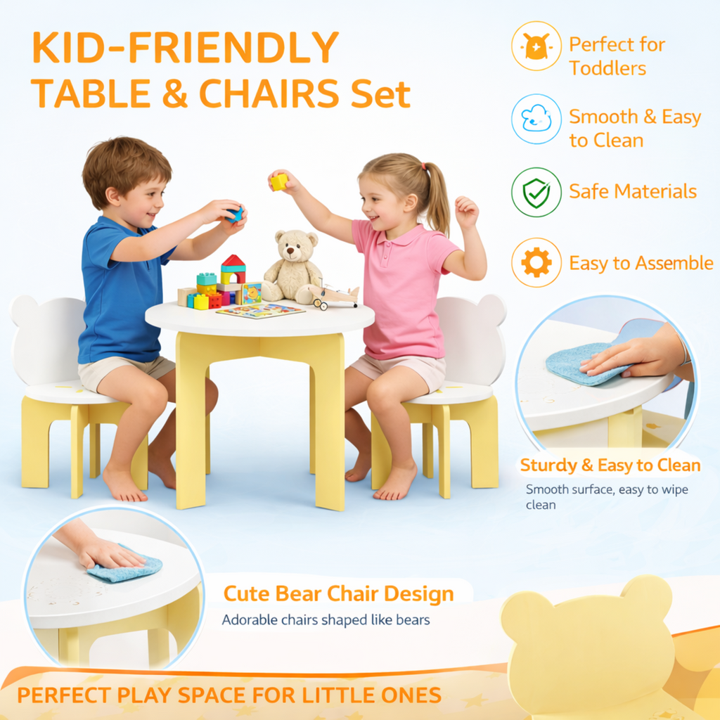 Kids Table and Chair Set, 3-Piece Toddler Table with 2 Chairs, Cute Bear-Back Chairs, Sturdy Wooden Activity Table Set for Ki