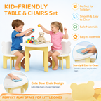 Kids Table and Chair Set, 3-Piece Toddler Table with 2 Chairs, Cute Bear-Back Chairs, Sturdy Wooden Activity Table Set for Ki