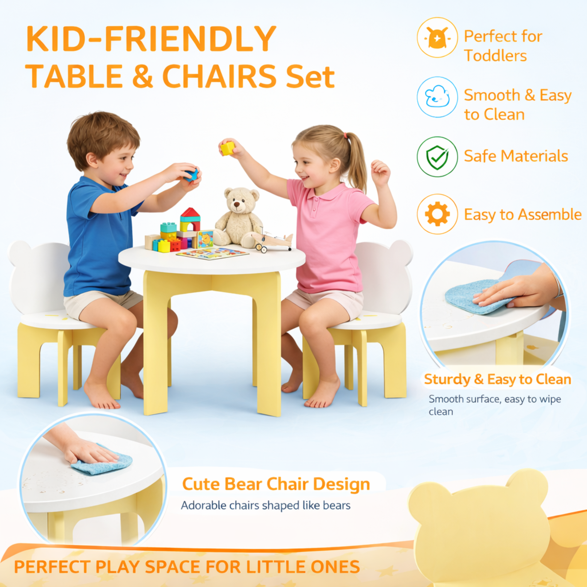 Kids Table and Chair Set, 3-Piece Toddler Table with 2 Chairs, Cute Bear-Back Chairs, Sturdy Wooden Activity Table Set for Ki
